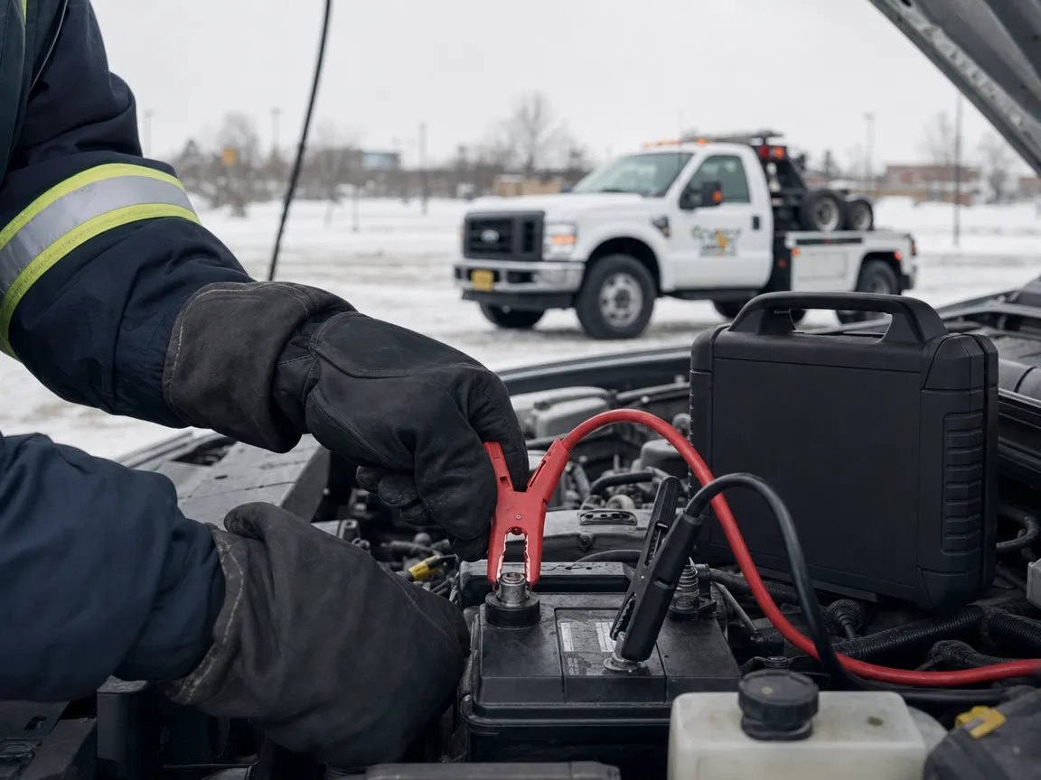 Gloved hands attaching a portable jump-pack clamp to a car battery terminal under a raised hood in a snowy Ottawa parking lot