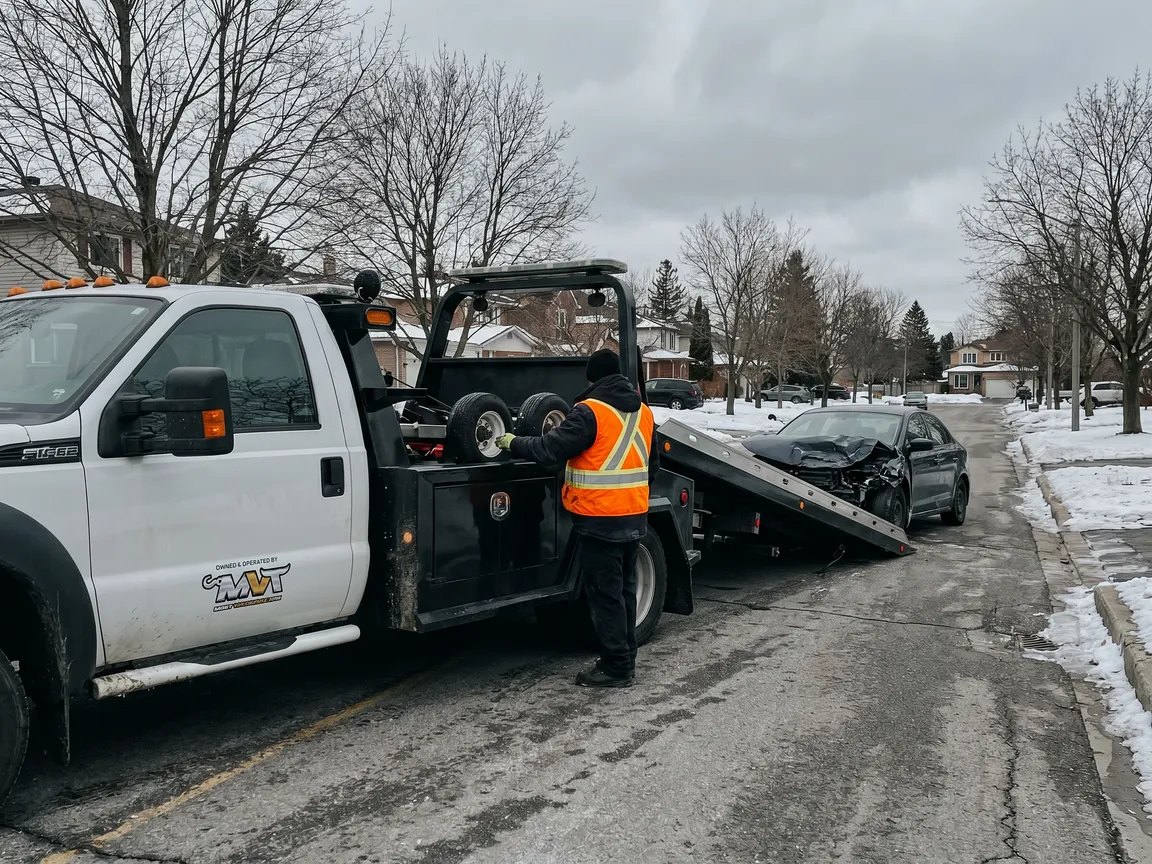 Flatbed tow truck recovering a damaged car on an Ottawa street after an accident